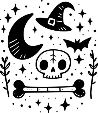 Basit kafatası karalama sanatı, çocuklar için Cadılar Bayramı illüstrasyonu ve baskı.