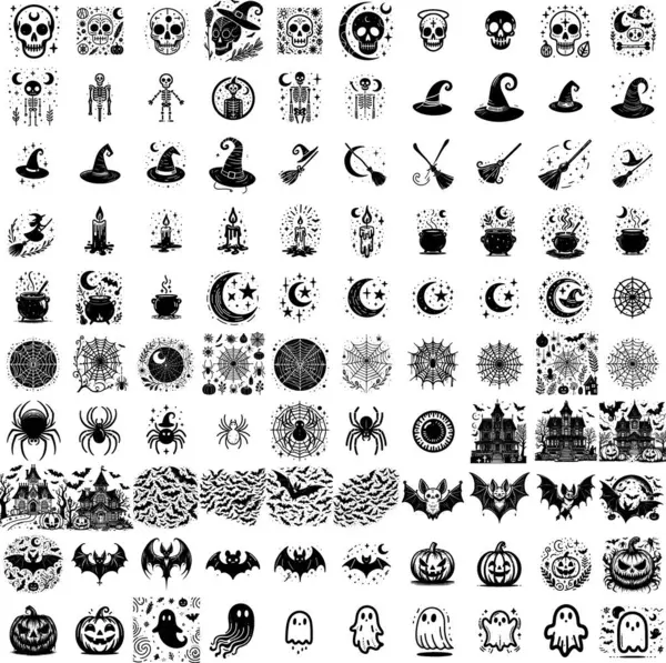 Cadılar Bayramı tasarımları için siyah-beyaz karalama tarzında 100 adet cadılar bayramı çizimi seçildi