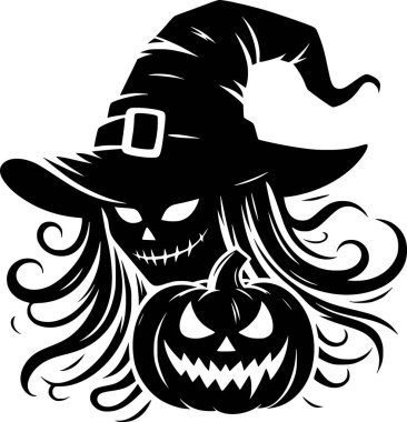 Cadılar Bayramı 'nda çocukların cadılar bayramı eğlencesi için klasik siyah-beyaz çizgili şapkalı ürkütücü cadı sanatı.