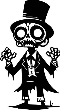 Cadılar Bayramı temalı cadılar bayramı tasarımları için siyah beyaz karalama tarzında komik bir zombi karakteri çizimi.