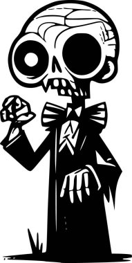 Cadılar Bayramı temalı cadılar bayramı tasarımları için siyah beyaz karalama tarzında komik bir zombi karakteri çizimi.