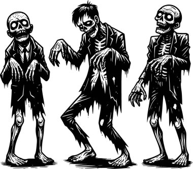 Cadılar Bayramı temalı cadılar bayramı tasarımları için siyah beyaz karalama tarzında komik bir zombi karakteri çizimi.