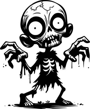 Cadılar Bayramı temalı cadılar bayramı tasarımları için siyah beyaz karalama tarzında komik bir zombi karakteri çizimi.