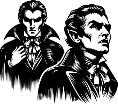 Siyah ve beyaz cadılar bayramı sanatı. Korkutucu vampir karakteri. Çocuklar için mükemmel.