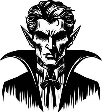 Siyah ve beyaz cadılar bayramı sanatı. Korkutucu vampir karakteri. Çocuklar için mükemmel.