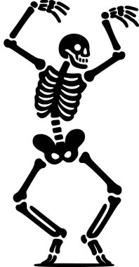 Cadılar bayramı temalı dans eden bir iskeletin siyah-beyaz çizimi çocuklar için harika parti basılabilir