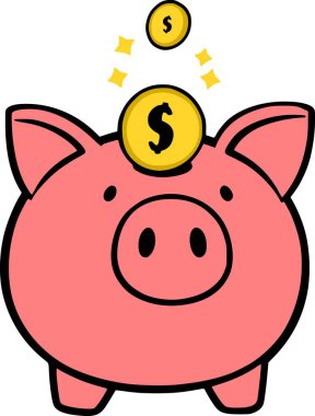Görüntü, üzerinde dolar işareti ($$) olan bir domuz kumbarası karikatürünü gösteriyor. Küçük sarı yıldızlar madeni paranın etrafını sarmış. Bu da tasarruf ile olumlu ve neşeli bir ilişki olduğunu gösteriyor. Domuz kumbarası basit, çocuksu bir...