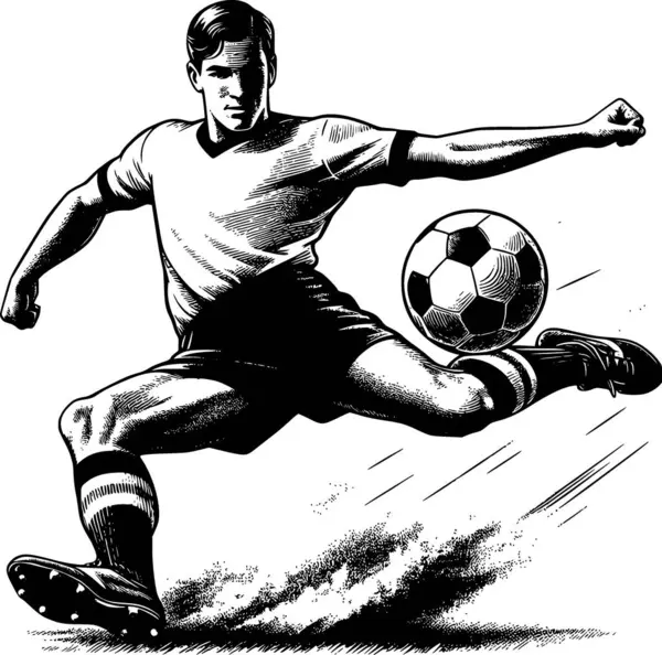 Ayrıntılı siyah-beyaz gravür stili bir futbol oyuncusunun topu havada tekmeleyişinin resmi. Retro temalı spor posterleri, editör baskıları, eğitim kitapları için ideal