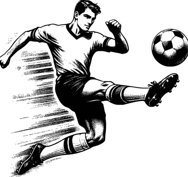 Ayrıntılı siyah-beyaz gravür stili bir futbol oyuncusunun topu havada tekmeleyişinin resmi. Retro temalı spor posterleri, editör baskıları, eğitim kitapları için ideal