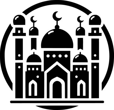 Kubbeli ve ikiz minareleri olan basit, simgesel, minimalist İslami tasarımı olan bir caminin siyah ve beyaz düz vektörü