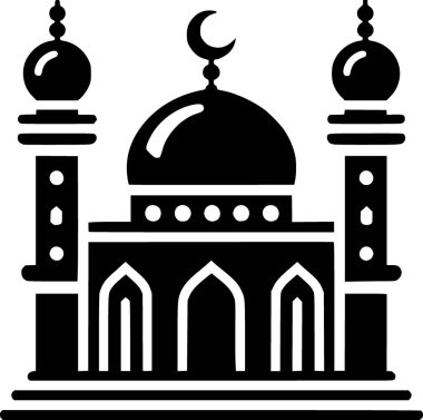 Kubbeli ve ikiz minareleri olan basit, simgesel, minimalist İslami tasarımı olan bir caminin siyah ve beyaz düz vektörü