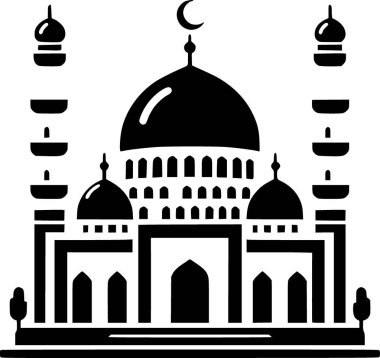 Kubbeli ve ikiz minareleri olan basit, simgesel, minimalist İslami tasarımı olan bir caminin siyah ve beyaz düz vektörü