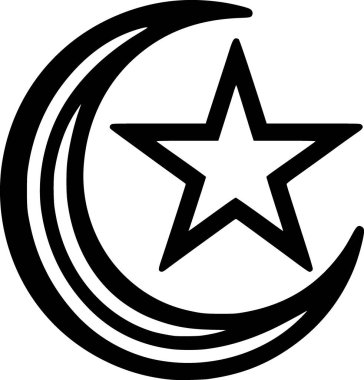 İslami ay ve yıldızın düz siyah ve beyaz vektörü, temiz minimum dini sembol tarzıyla özetlenmiştir..