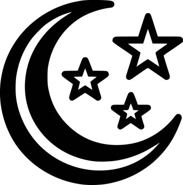 İslami ay ve yıldızın düz siyah ve beyaz vektörü, temiz minimum dini sembol tarzıyla özetlenmiştir..