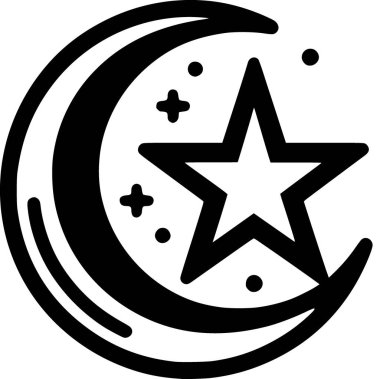 İslami ay ve yıldızın düz siyah ve beyaz vektörü, temiz minimum dini sembol tarzıyla özetlenmiştir..