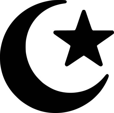 İslami ay ve yıldızın düz siyah ve beyaz vektörü, temiz minimum dini sembol tarzıyla özetlenmiştir..