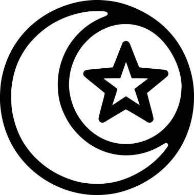 İslami ay ve yıldızın düz siyah ve beyaz vektörü, temiz minimum dini sembol tarzıyla özetlenmiştir..