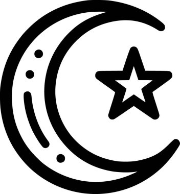 İslami ay ve yıldızın düz siyah ve beyaz vektörü, temiz minimum dini sembol tarzıyla özetlenmiştir..