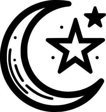 İslami ay ve yıldızın düz siyah ve beyaz vektörü, temiz minimum dini sembol tarzıyla özetlenmiştir..