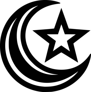 İslami ay ve yıldızın düz siyah ve beyaz vektörü, temiz minimum dini sembol tarzıyla özetlenmiştir..