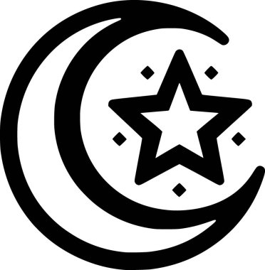 İslami ay ve yıldızın düz siyah ve beyaz vektörü, temiz minimum dini sembol tarzıyla özetlenmiştir..