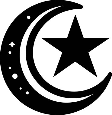 İslami ay ve yıldızın düz siyah ve beyaz vektörü, temiz minimum dini sembol tarzıyla özetlenmiştir..