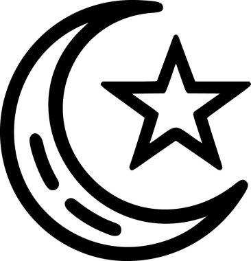 İslami ay ve yıldızın düz siyah ve beyaz vektörü, temiz minimum dini sembol tarzıyla özetlenmiştir..