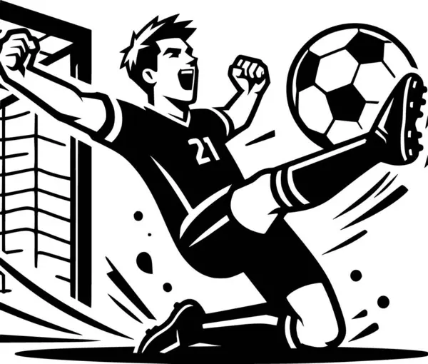 Bir futbolcunun golü kutlarken siyah ve beyaz düz vektör çizimi. Cesur ve basit spor temalı grafikler gerektiren posterler, çıkartmalar, tişörtler, uygulamalar veya bilgi grafikleri için mükemmel..