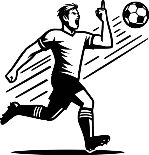 Bir futbolcunun golü kutlarken siyah ve beyaz düz vektör çizimi. Cesur ve basit spor temalı grafikler gerektiren posterler, çıkartmalar, tişörtler, uygulamalar veya bilgi grafikleri için mükemmel..