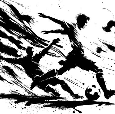 Japon mürekkep yıkama (sumi-e) tarzında sanatsal siyah-beyaz futbol sahnesi, duygusal hareket eden bir forvet ve kaleciyi tasvir ediyor. Editör sanatı, galeri tarzı baskılar ya da spor ve gelenekleri harmanlayan yaratıcı ürünler için harika..