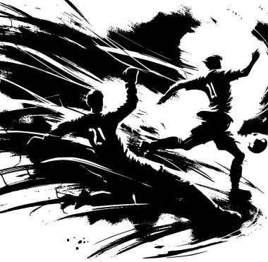 Japon mürekkep yıkama (sumi-e) tarzında sanatsal siyah-beyaz futbol sahnesi, duygusal hareket eden bir forvet ve kaleciyi tasvir ediyor. Editör sanatı, galeri tarzı baskılar ya da spor ve gelenekleri harmanlayan yaratıcı ürünler için harika..