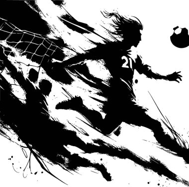 Japon mürekkep yıkama (sumi-e) tarzında sanatsal siyah-beyaz futbol sahnesi, duygusal hareket eden bir forvet ve kaleciyi tasvir ediyor. Editör sanatı, galeri tarzı baskılar ya da spor ve gelenekleri harmanlayan yaratıcı ürünler için harika..