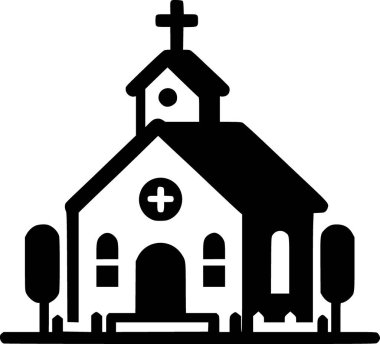 Üzerinde haç olan geleneksel bir kilisenin siyah ve beyaz düz vektörü, basit ve simgesel Hristiyan mimarisi..