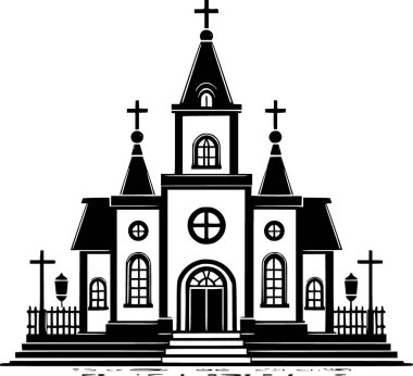 Üzerinde haç olan geleneksel bir kilisenin siyah ve beyaz düz vektörü, basit ve simgesel Hristiyan mimarisi..