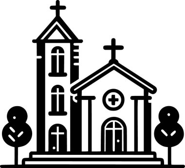 Üzerinde haç olan geleneksel bir kilisenin siyah ve beyaz düz vektörü, basit ve simgesel Hristiyan mimarisi..