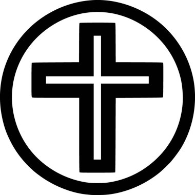 Bir Hıristiyan haç simgesinin siyah ve beyaz düz vektörü, temiz ruhsal hatlara sahip minimum detay.