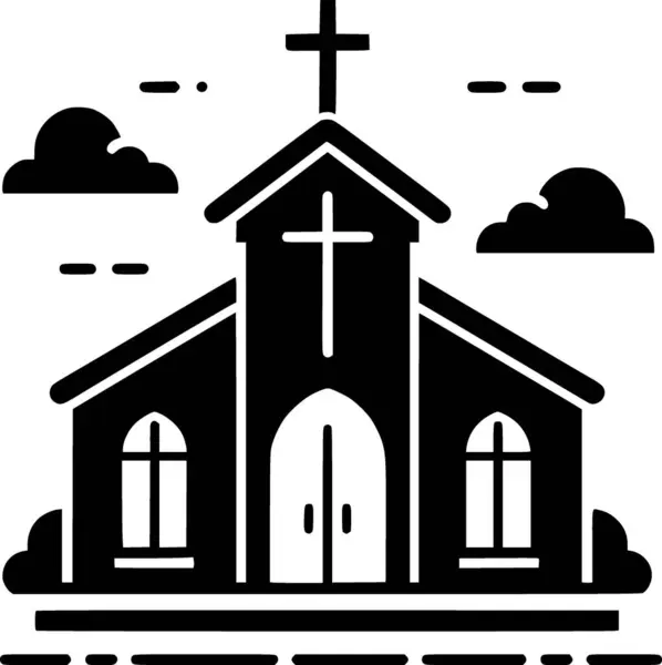 Üzerinde haç olan geleneksel bir kilisenin siyah ve beyaz düz vektörü, basit ve simgesel Hristiyan mimarisi..