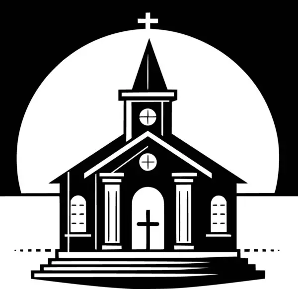 Üzerinde haç olan geleneksel bir kilisenin siyah ve beyaz düz vektörü, basit ve simgesel Hristiyan mimarisi..