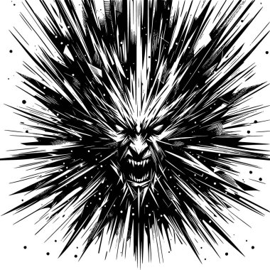 Keskin çizgilerle, kaotik geometriyle ve yayılan gerilimle, iç basıncı ve uçuculuğu ifade eden siyah ve beyaz vektör..