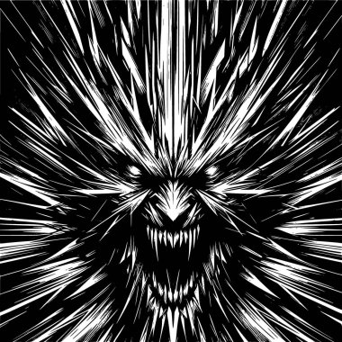 Keskin çizgilerle, kaotik geometriyle ve yayılan gerilimle, iç basıncı ve uçuculuğu ifade eden siyah ve beyaz vektör..