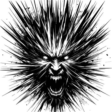 Keskin çizgilerle, kaotik geometriyle ve yayılan gerilimle, iç basıncı ve uçuculuğu ifade eden siyah ve beyaz vektör..