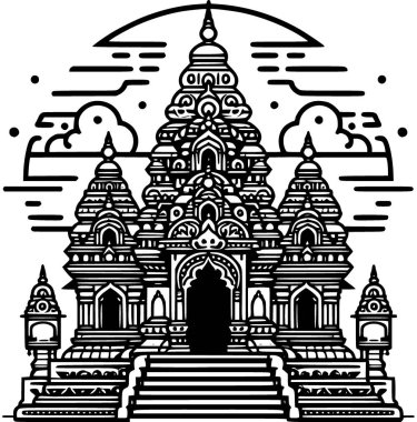 Bir Hindu tapınağının (Mandir) siyah ve beyaz düz vektörü yüksek tasarım ve geleneksel süsleme hatlarıyla.