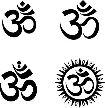 Sanskritçe mm sembolünün dört siyah ve beyaz düz vektör ikonu, cesur, kutsal ve minimal manevi simge.