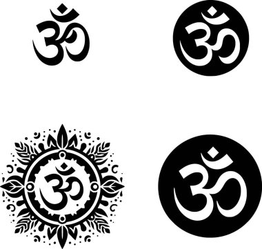 Sanskritçe mm sembolünün dört siyah ve beyaz düz vektör ikonu, cesur, kutsal ve minimal manevi simge.