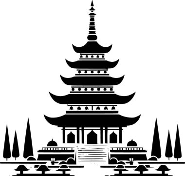 Bir Budist stupa ikonunun dört siyah beyaz düz vektörü, dengeli minimalist mimari