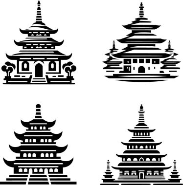 Bir Budist stupa ikonunun dört siyah beyaz düz vektörü, dengeli minimalist mimari