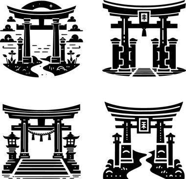 Geleneksel shinto torii kapısının dört düz siyah beyaz vektörü, tapınağın girişi, basit ve kutsal tasarım