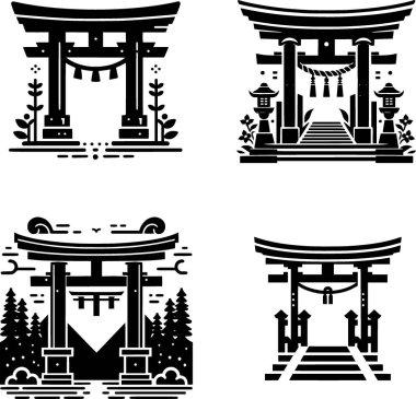 Geleneksel shinto torii kapısının dört düz siyah beyaz vektörü, tapınağın girişi, basit ve kutsal tasarım