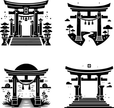 Geleneksel shinto torii kapısının dört düz siyah beyaz vektörü, tapınağın girişi, basit ve kutsal tasarım
