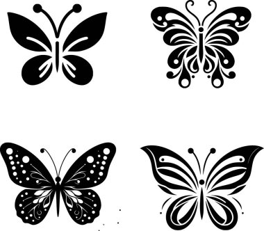 Düz dizaynlı siyah-beyaz minimalist kelebek vektör çizimleri.